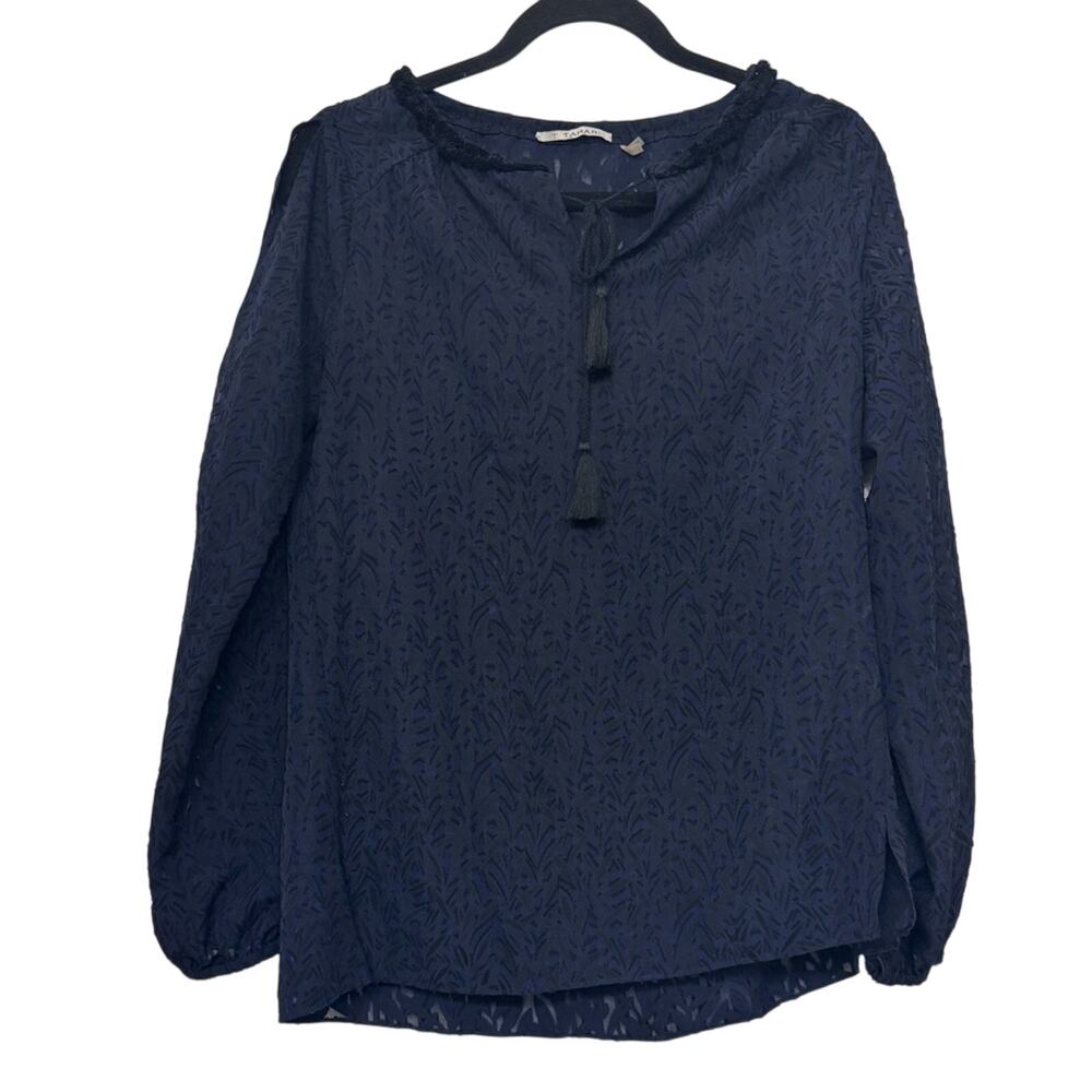 T Tahari Navy‎ Blue Sheer Boho Tassel Blouse XS Long Sleeve Lightweight Top